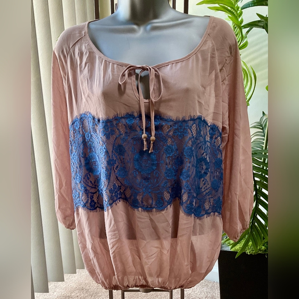 Whisper  Pretty Tan & Blue Blouse With Lace Detail